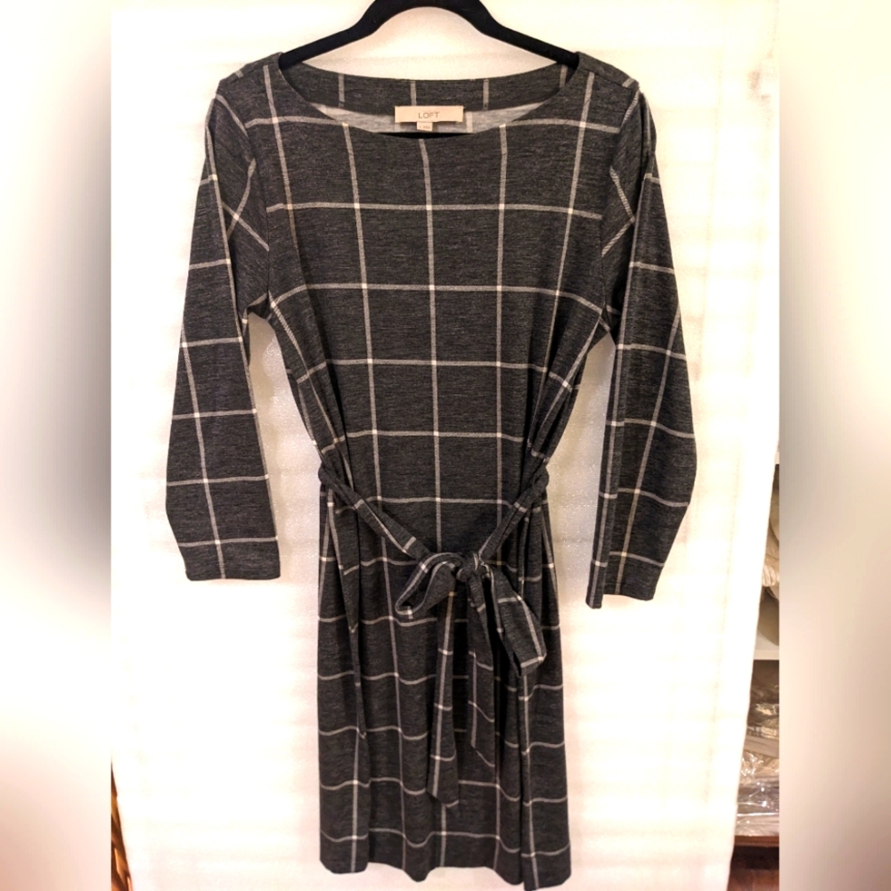 LOFT Grey and White Plaid Dress with Belt
